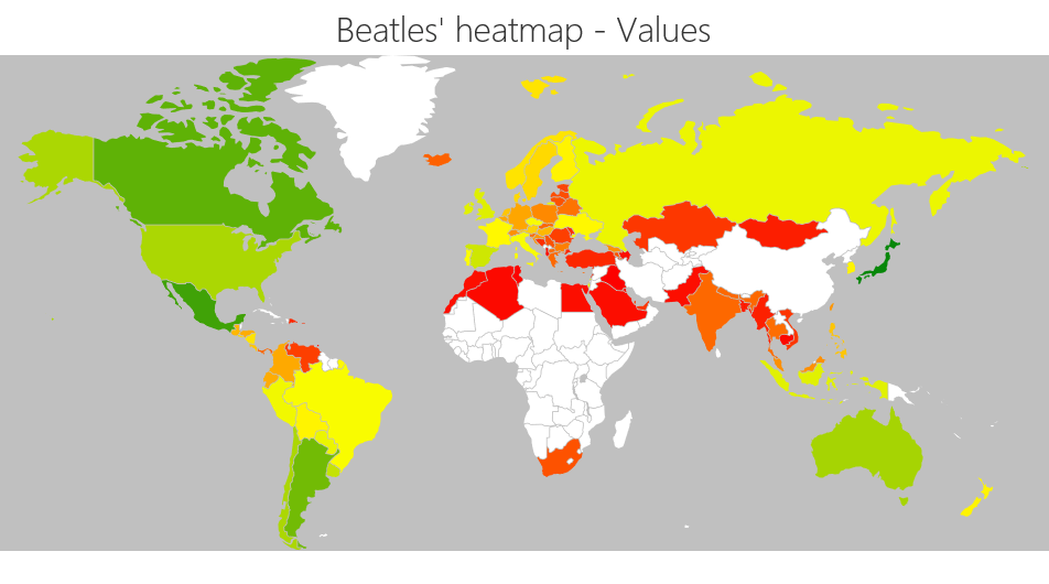 Beatles global heatmap map by value